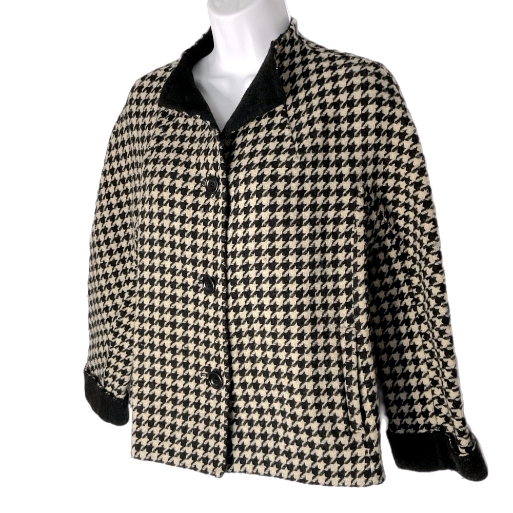 Talbots Small Petite Black & Ivory Cream Houndstooth Wool Blend Blazer Pockets